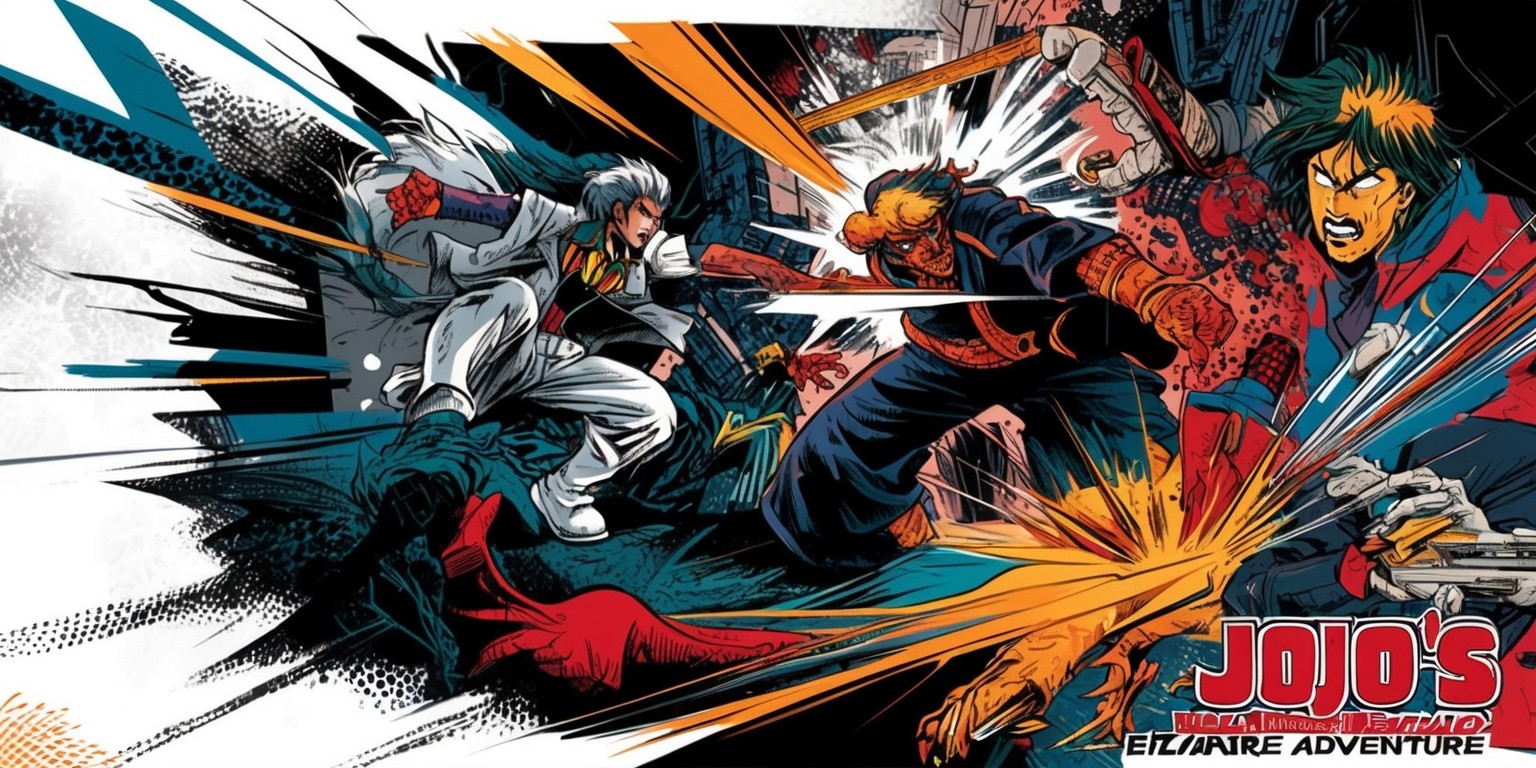 A vibrant and dynamic illustration inspired by the iconic manga series JoJo's Bizarre Adventure, featuring a bold and colorful composition that blends Japanese manga stylings with Western comic book influences. The image showcases a dramatic scene with intense action, possibly depicting a confrontation between Jotaro Kujo and Dio Brando, with intricate details and expressive character designs. The artwork is rendered in a mix of digital and traditional media, with bold lines, vibrant colors, and subtle textures that evoke a sense of energy and tension. The overall aesthetic is a blend of dark and moody tones, with flashes of bright color to highlight the characters' abilities and personalities. The characters' facial features are exaggerated and dynamic, with intense emotions and dramatic poses that capture the essence of the series.