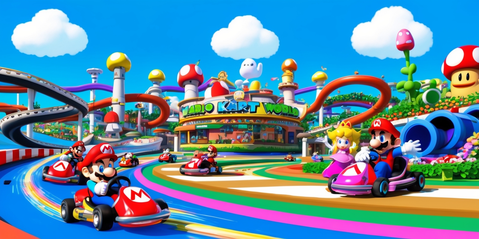 A vibrant and colorful digital illustration of Mario Kart World, a bustling theme park inspired by the popular Mario Kart racing game series, set against a bright blue sky with puffy white clouds. The park is filled with winding kart tracks, colorful tunnels, and iconic Mario-themed landmarks such as pipes, mushroom-shaped buildings, and Piranha Plant-infested gardens. In the foreground, a few karts are speeding by, leaving trails of colorful sparks behind them, while Mario, Luigi, and Princess Peach are standing near the finish line, smiling and waving at the audience with their distinctive facial features and bright, expressive eyes. The illustration style is reminiscent of the game's colorful and whimsical graphics, with bold lines, rounded shapes, and a mix of realistic and fantastical elements, evoking a sense of joy, excitement, and friendly competition.