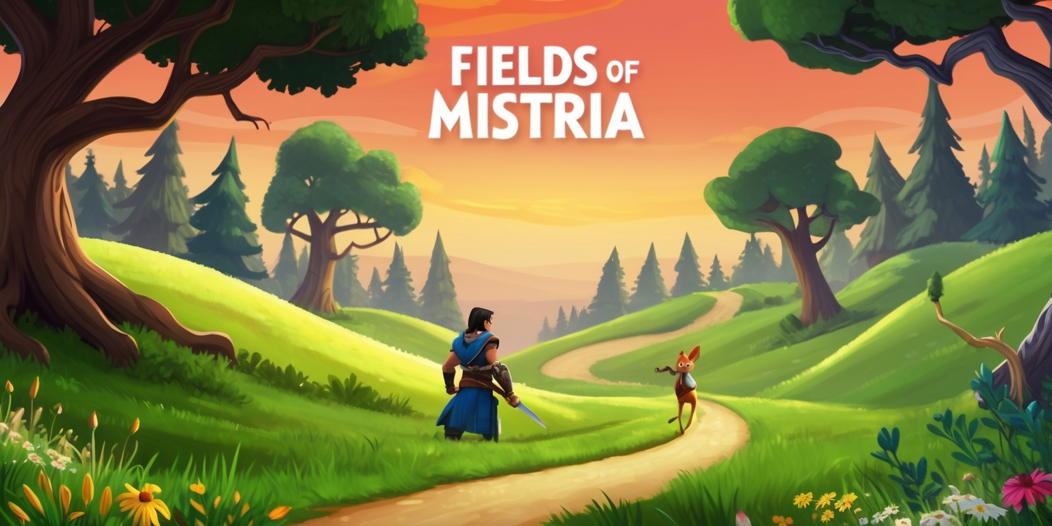A serene landscape of the Fields of Mistria game, with rolling hills of lush green grass and dense forests of tall trees, set against a warm and vibrant sky with hues of orange and pink, featuring a winding path that disappears into the misty horizon, with a few characters from the game visible in the distance, including a tall, dark-haired warrior with a determined expression and a slender, agile archer with a quiver full of arrows on their back, amidst a variety of wildflowers and towering trees with gnarled branches, with the game's logo subtly integrated into the scenery, in a fantastical and dreamy artistic style, with bold lines and vivid colors, and a sense of adventure and exploration emanating from the scene.