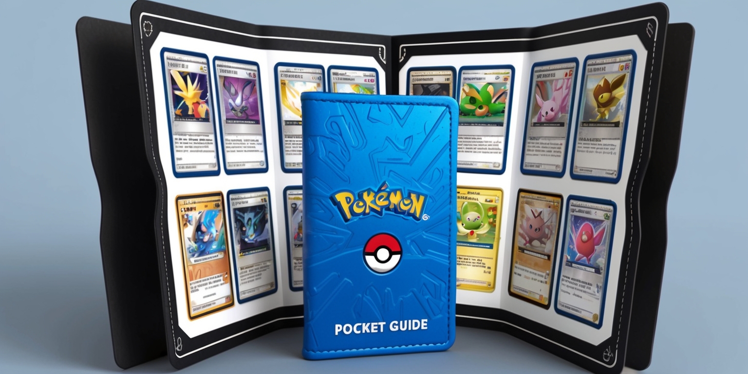 A compact, foldable Pokémon Trading Card Game pocket guide, with a vibrant, electric blue cover featuring the iconic Pokémon logo in shiny silver font, embossed with a subtle Poké Ball pattern in the background. The guide is open to a double-page spread, revealing a meticulously organized layout with clean white backgrounds, thin black borders, and bold, easy-to-read headings in a modern, sans-serif font. The pages are filled with an abundance of colorful Pokémon Trading Cards, each meticulously illustrated with detailed, dynamic artwork showcasing the unique characteristics of various Pokémon, set against a contrasting background that makes the cards pop. The overall design is playful, yet sophisticated, appealing to both novice and seasoned Pokémon trainers alike.