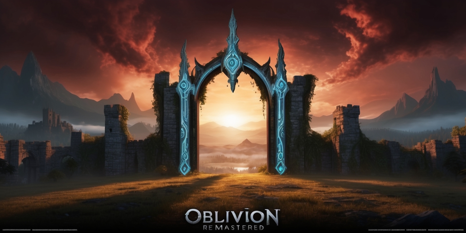 A majestic, high-fantasy landscape of the post-apocalyptic world of Cyrodiil, inspired by the Oblivion Remastered game, with a warm, golden glow of the setting sun casting a long shadow across the ruins of an ancient castle, its stone walls overgrown with vines and moss, surrounded by a sea of mist-shrouded mountains in the distance, with the iconic Oblivion gates looming large in the foreground, their intricate, ornate details and mystical runes illuminated by an otherworldly, soft blue light, set against a dramatic, ominous sky with clouds of deep crimson and burnt orange hues, evoking a sense of wonder, discovery, and epic adventure.