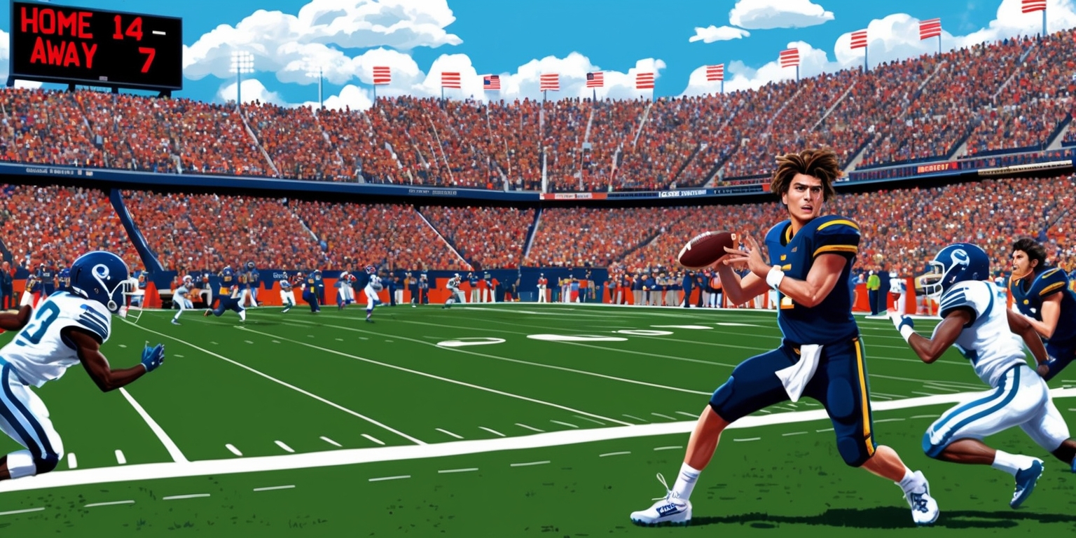 A vivid, action-packed illustration of a college football game in progress, set against a bright, sunny day with a few puffy white clouds, showcasing the excitement and intensity of the 26th game of the season, with the lush green grass of the stadium's field as the central focus, surrounded by screaming fans in the packed stadium stands, clad in their team's colors, with the scoreboard prominently displayed in the top left corner, reading Home 14 - Away 7 in bold, red digital numbers, as the home team's quarterback, a tall, muscular young man with a strong jawline, messy brown hair, and a determined look on his face, prepares to throw a pass to his receiver, a speedy, agile player with dreadlocks, who's sprinting down the sideline, while the opposing team's defenders, clad in their rival uniforms, are hot on their heels, with the atmosphere electric and the tension palpable.