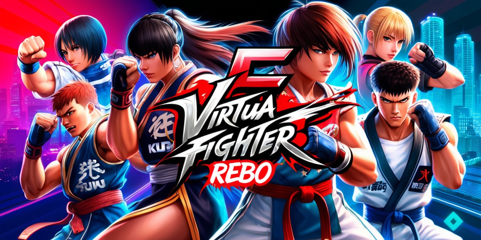 A dynamic illustration of Virtua Fighter 5 REBO, featuring iconic characters from the game, such as Akira Yuki, Sarah Bryant, and Jacky Bryant, in various martial arts poses, set against a bold, vibrant background with neon-lit cityscapes and subtle gradient effects. The characters' facial features are detailed, with distinctive skin tones and hairstyles, while their fighting attire is intricately designed with metallic accents, bold logos, and dynamic folds. The Virtua Fighter 5 REBO logo, in metallic silver and bold, sans-serif font, takes center stage, surrounded by stylized Japanese kanji characters and subtle circuitry patterns. The overall aesthetic is a mix of futuristic and traditional martial arts styles, with bold lines, vibrant colors, and high-contrast lighting, capturing the intense action and competitiveness of the game.