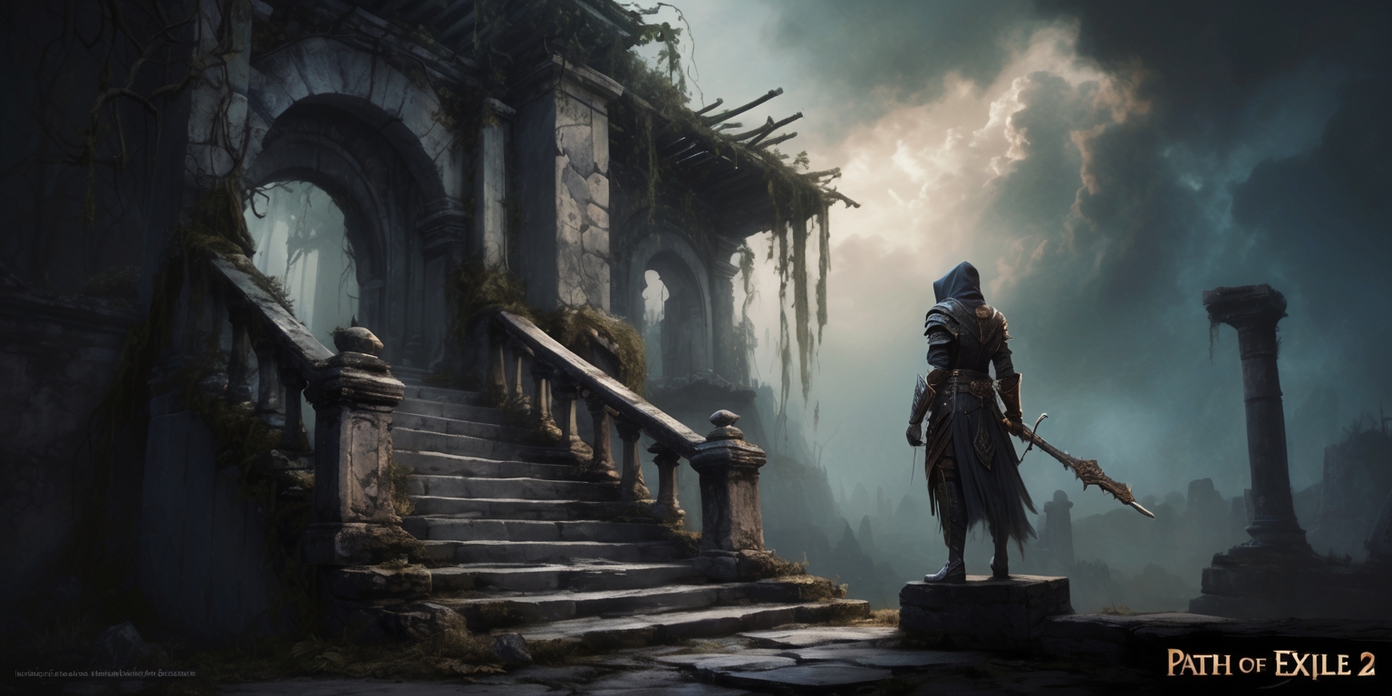 A hauntingly beautiful, atmospheric visual depiction of the dark fantasy world of Path of Exile 2, set in a foreboding, mystical environment, with a blend of medieval and ancient ruins, overgrown with vines and moss, under a gloomy, ominous sky with clouds that seem to swirl with an otherworldly energy. In the foreground, a solitary, hooded figure, perhaps a exile or a wanderer, stands atop a worn, crumbling staircase, gazing out into the distance, with intricate, mysterious armor and weapons at the ready, surrounded by an aura of subtle, ethereal light. The color palette is predominantly dark, with muted earth tones, deep blues, and greys, with subtle hints of gold and crimson, evoking a sense of foreboding and ancient, mystical power. The overall style is a mix of realistic, detailed textures and soft, painterly brushstrokes, with bold, expressive lines and dramatic, cinematic lighting.