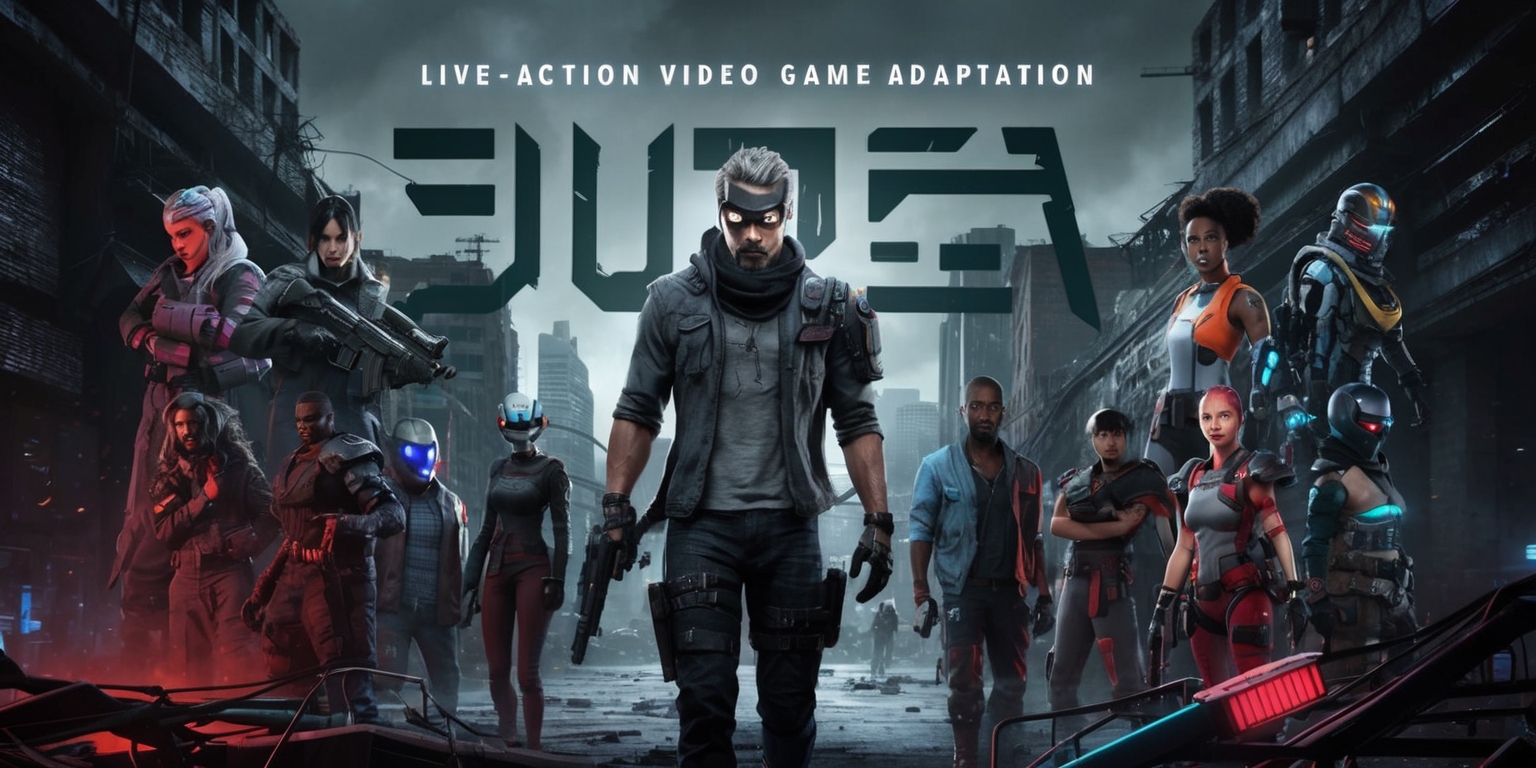 A live-action video game adaptation movie with a dark and gritty atmosphere, featuring a mix of realistic and stylized visuals, with a muted color palette of greys, blues, and blacks, and a bold, futuristic font for the title and credits, set in a dystopian cityscape with crumbling buildings and neon lights, with characters having intense facial expressions, diverse skin colors, and unique costumes and accessories, such as futuristic armor, masks, and prosthetics, with a focus on action-packed sequences, dramatic lighting, and dynamic camera angles, and incorporating iconic video game elements, such as power-ups, health bars, and score counters, blended seamlessly into the live-action world.