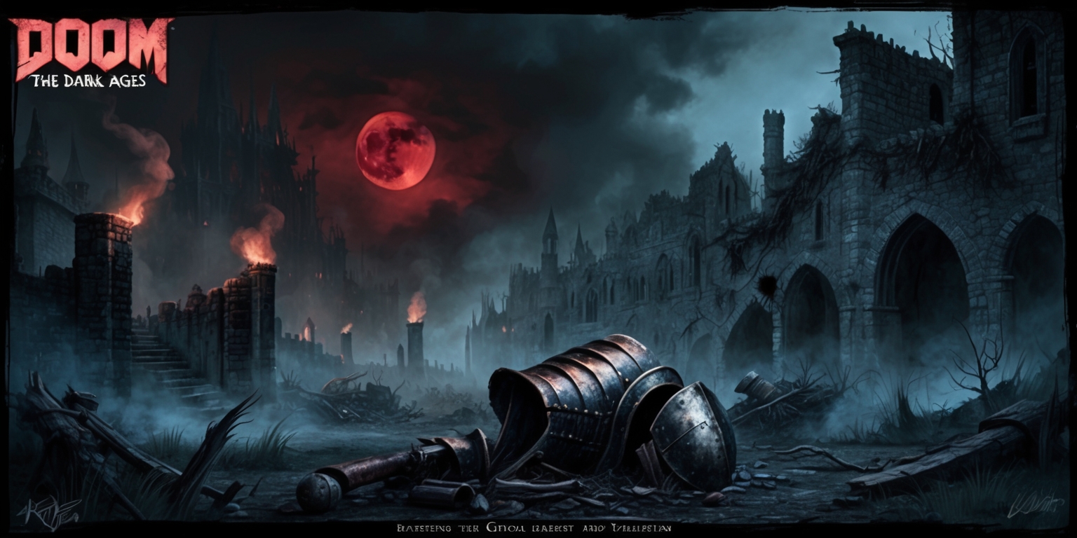 A haunting, gothic-inspired illustration depicting a dark, medieval world ravaged by demonic forces, inspired by the Doom: The Dark Ages game. The atmosphere is ominous, with a dark blue-grey mist swirling through the air, illuminated by flickering torches and an eerie, blood-red moon hanging low in the sky. In the foreground, a battered suit of armor lies broken, surrounded by the remnants of a once-great civilization, with crumbling stone buildings and overgrown ruins stretching out into the distance. A sense of foreboding lingers, as if the demons of hell are lurking just out of sight, waiting to strike. The style is reminiscent of a dark, haunting fantasy novel, with bold lines, heavy shading, and an emphasis on atmospheric lighting.