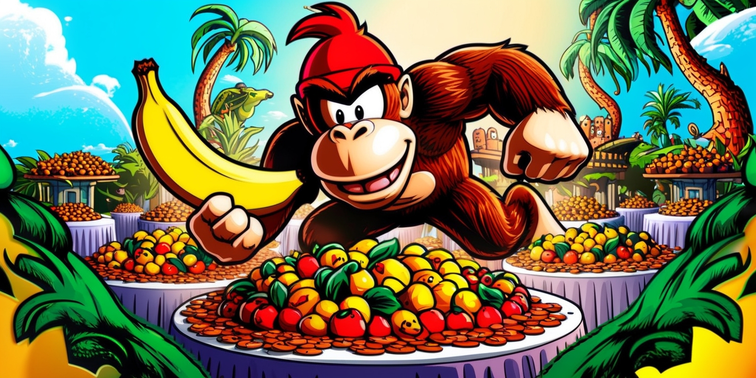 A vibrant, colorful illustration depicting the iconic Donkey Kong character in a whimsical, cartoon-style banquet setting, surrounded by lush greenery and overflowing fruit-filled tables, with a bright blue sky in the background, showcasing a mix of realistic and fantastical elements, blended with bold lines and textures, reminiscent of classic arcade game art, with Donkey Kong's expressive facial features and dynamic pose taking center stage, possibly holding a giant banana or interacting with other familiar characters from the game, set against a subtle gradient of warm, golden hues evoking a sense of excitement and celebration.
