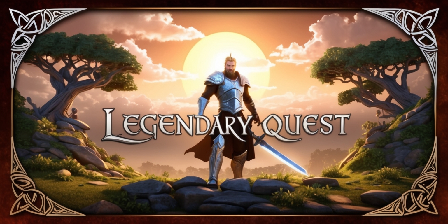 A majestic, high-fantasy gaming landscape for the PS5 game Legendary Quest, set against a warm, golden sunset sky with fluffy, white clouds, featuring a heroic warrior standing proudly at the center, clad in shining silver armor, with a sword at their side and a determined expression on their strong, angular face, illuminated by a soft, warm glow, surrounded by lush, vibrant greenery and ancient, gnarled trees, with subtle, mystical runes etched into the stone terrain, and the words Legendary Quest emblazoned across the top in bold, regal font, with intricate, Celtic-inspired designs adorning the borders, on a dark, rich brown background that evokes a sense of adventure and legend.