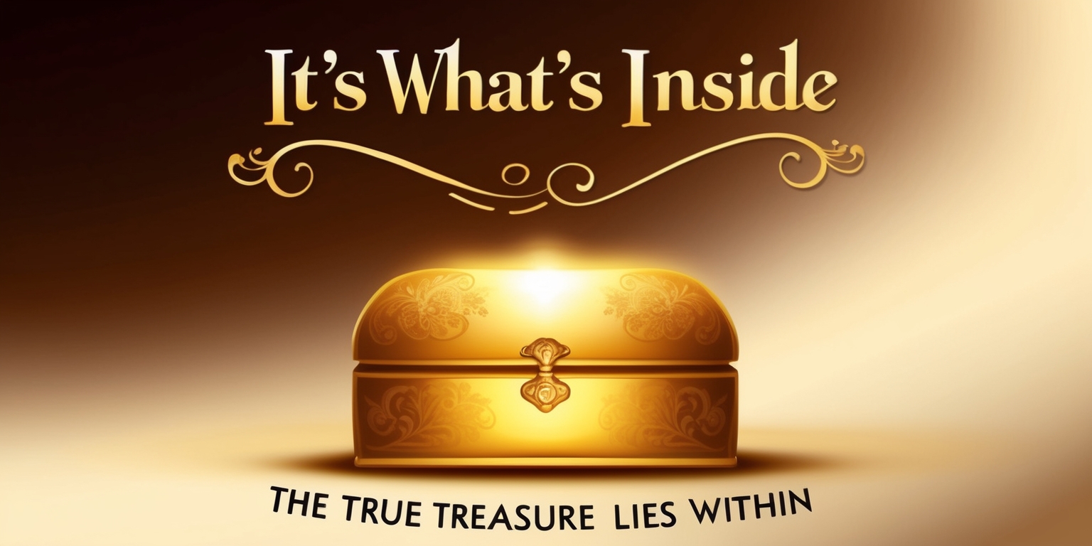 A stylized poster for the fictional movie It's What's Inside featuring a beautiful, golden-lit, ornate box with a small, delicate latch and a subtle, intricate pattern etched onto its surface, positioned centrally against a warm, gradient background that transitions from a deep, rich brown at the top to a soft, creamy beige at the bottom, evoking a sense of luxury and mystery, with the title of the movie emblazoned across the top of the image in bold, cursive script with elegant, swirling flourishes, while the tagline The true treasure lies within is written in smaller, yet still ornate, text at the bottom of the image in a curved line, following the contours of the box.